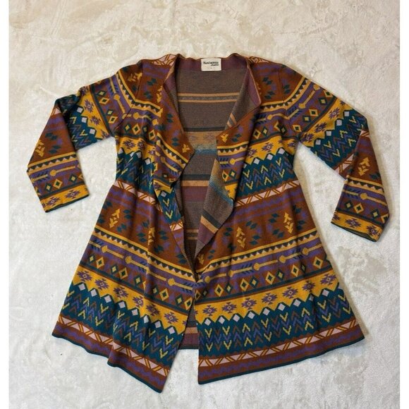 Savanna Jane Sweater Womens Colorful Aztec Open Front Waterfall Boho Size L - Picture 3 of 11